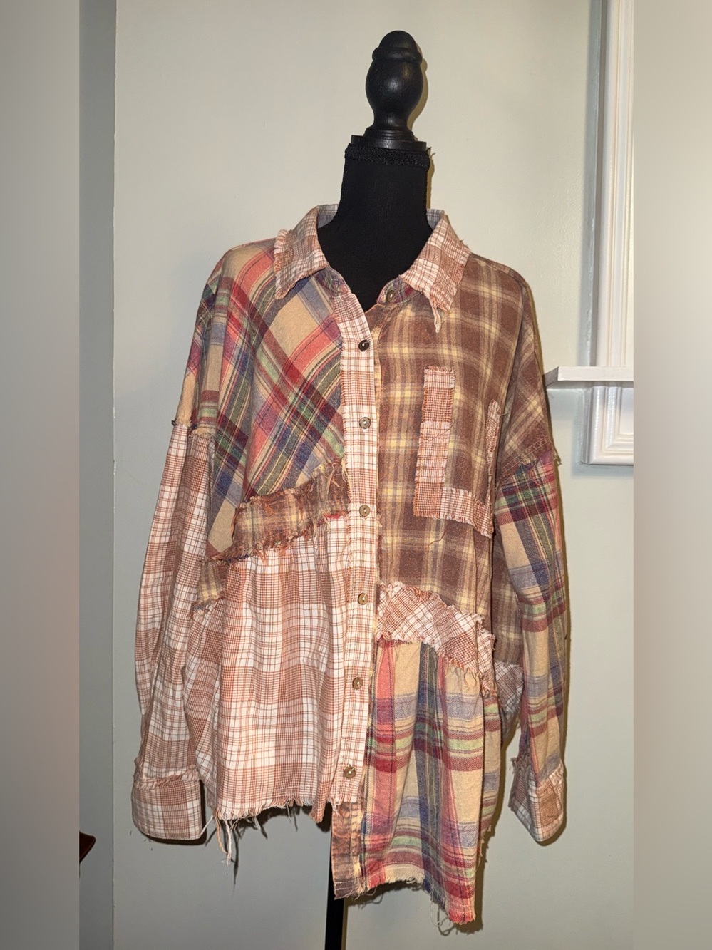 Oli & Hali Patchwork Plaid Button-Down Shirt Jacket - Brown, Tan & Red Accents